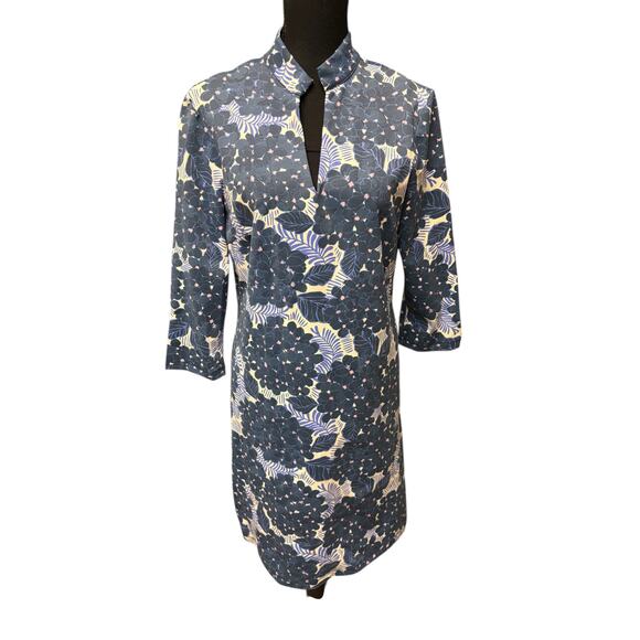 Mahi Gold Floral Print Dress 3/4 Sleeve Split Neck Tunic Style  Size Large - Picture 2 of 7